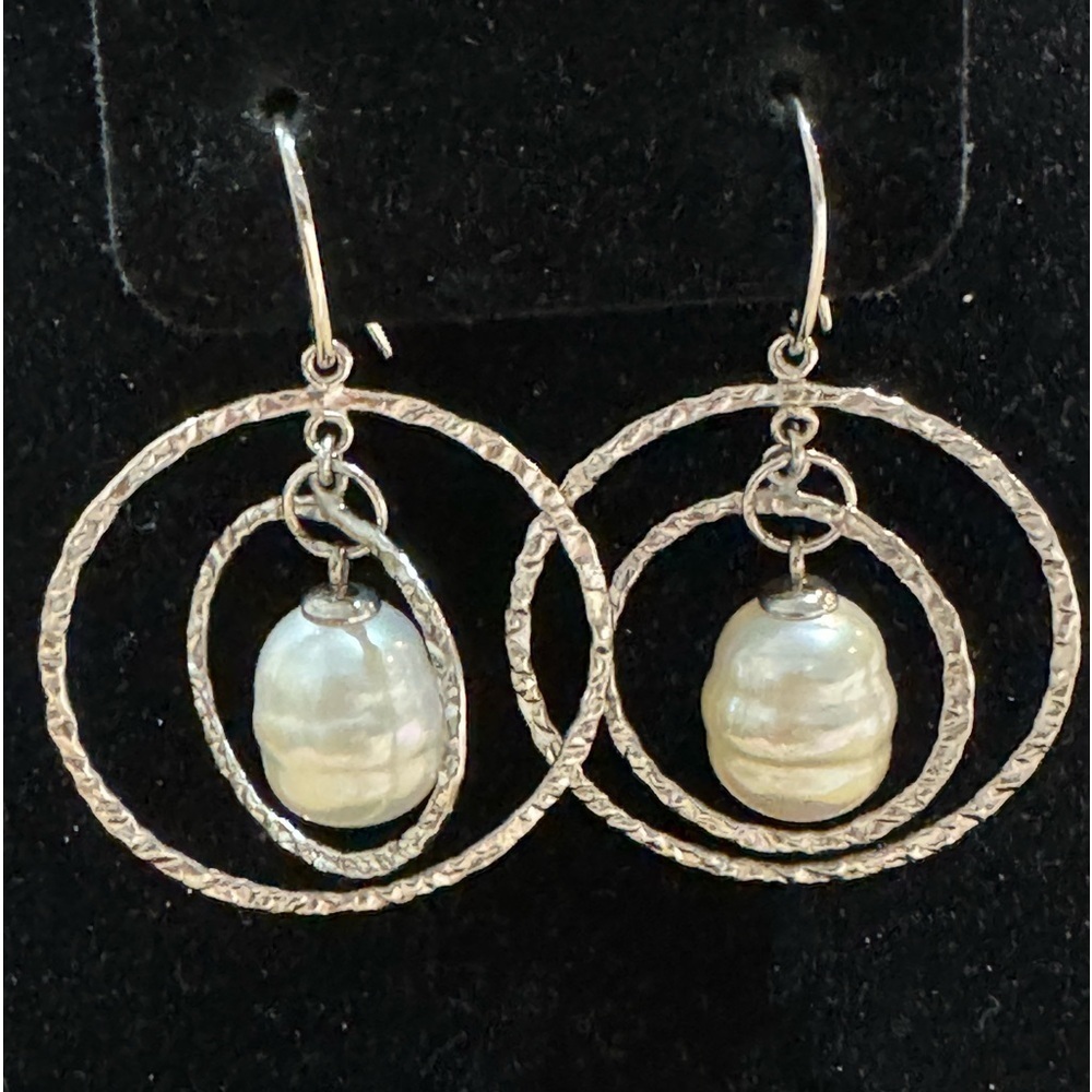 Round Sterling Hammered Silver 925 Double Circle Baroque Pearl Dangle Earrings